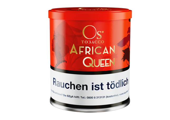 Der Pfeifentabak der Marke OS in der Sorte African Queen. Eine 65g Dose ist abgebildet