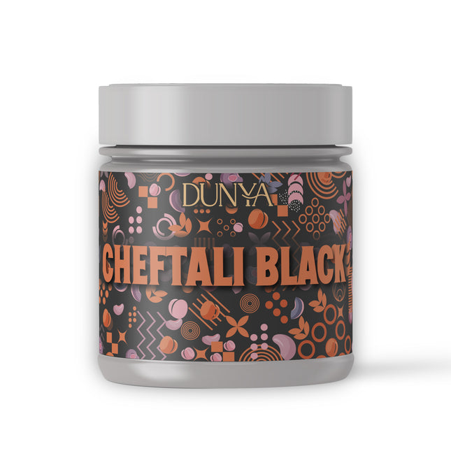 Eine Dose Darkblend Shisha Tabak der Marke Dunya in der Sorte Cheftali Black 25g