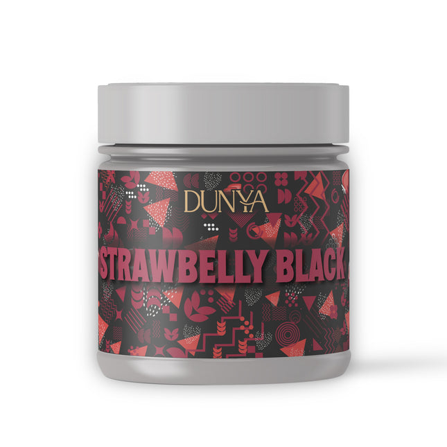 Eine Dose der Marke Dunya mit dem Inhalt Strawbelly Black Darkblend Shisha Tabak 25g