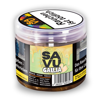 Eine Transparente Dose mit dem Inhalt Gallia Shisha Tabak 25g von der Marke Savu