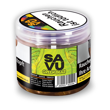Die Dose der Marke Savu in welcher sich die Sorte Green Bear Shisha Tabak 25g befindet