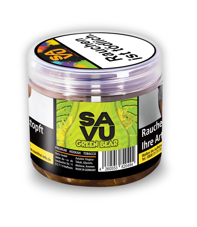Die Dose der Marke Savu in welcher sich die Sorte Green Bear Shisha Tabak 25g befindet