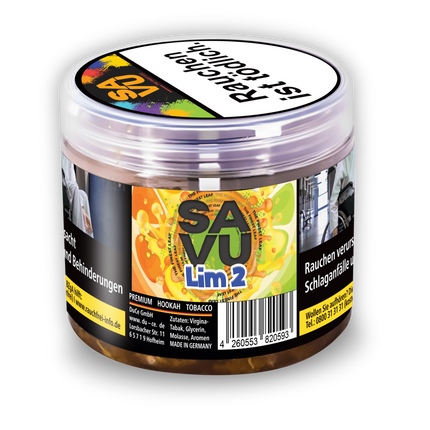 Die Sorte Lim2 in einer 25g Dose von der Marke Savu. Ein Shisha Tabak welcher nach einer süßen Zitrone schmeckt