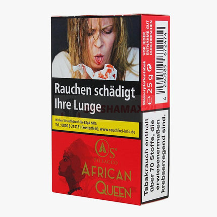 Eine Schachtel von der Marke Os in welcher sich der Shisha Tabak African Queen 25g befindet