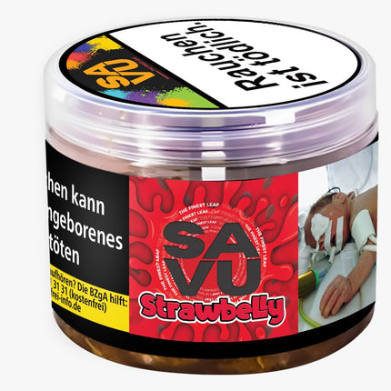 Eine 25g Dose Shisha Tabak im Geschmack Strawbelly von der Marke Savu Tobacco 